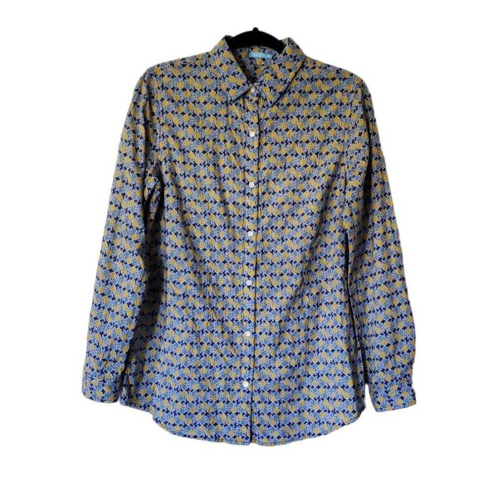 J. McLaughlin Women’s Lois Button Front Shirt Size M Blouse Pineapple Navy Blue - Picture 3 of 9